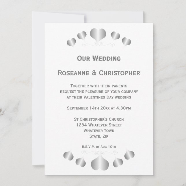 Convite Casamento de Design de Corações de Prata (Frente)