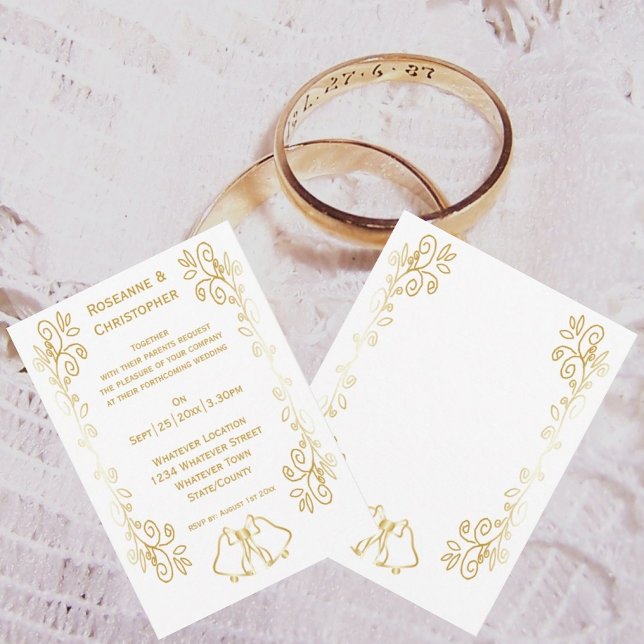 Convite Casamento de Design de Corda Dourada com Bells (Gold bells scrollwork wedding invite)