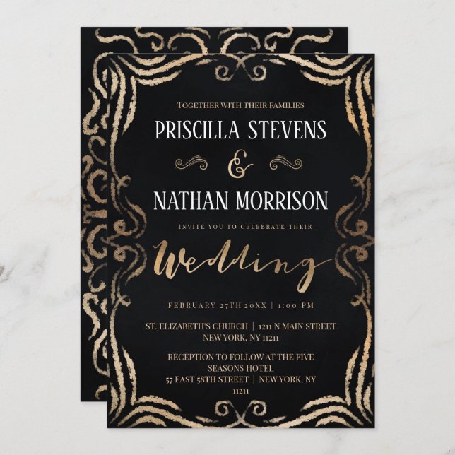 Convite Casamento de Deslocamento Dourado de Vintage Moder (Frente/Verso)