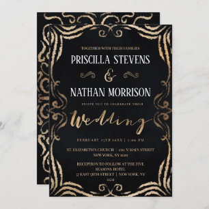 Convite Casamento de Deslocamento Dourado de Vintage Moder