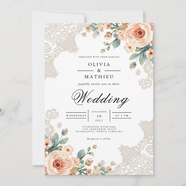 Convite Casamento de Destaque de Lace do Pastel Blossom (Frente)