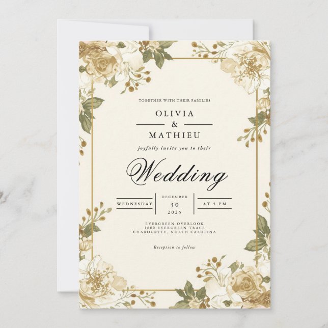 Convite Casamento de Destaque Floral Envelhecido (Frente)