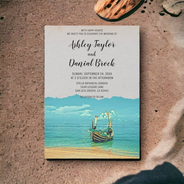 Convite Casamento de destino à beira-mar com barco à vela  (Criador carregado)