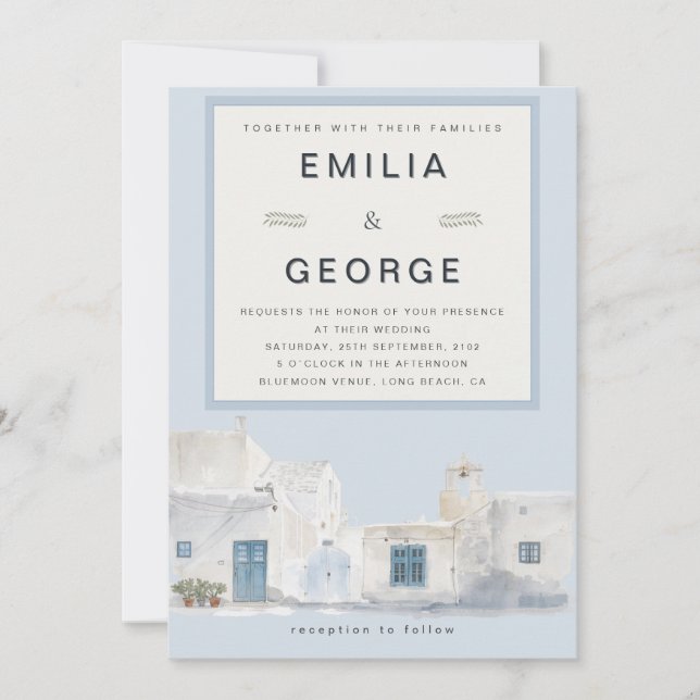 Convite Casamento de Destino Azul Grego | Elegante  (Frente)
