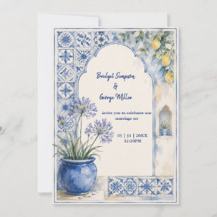 Convite Casamento de Destino com Azulejo Azul e Limão Amal