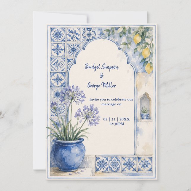 Convite Casamento de Destino com Azulejo Azul e Limão Amal (Frente)