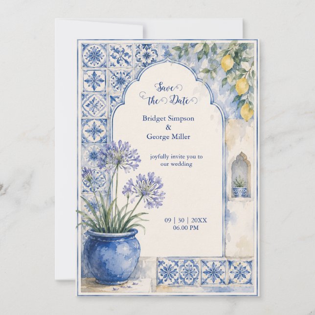 Convite Casamento de Destino com Azulejo Azul e Limão de A (Frente)