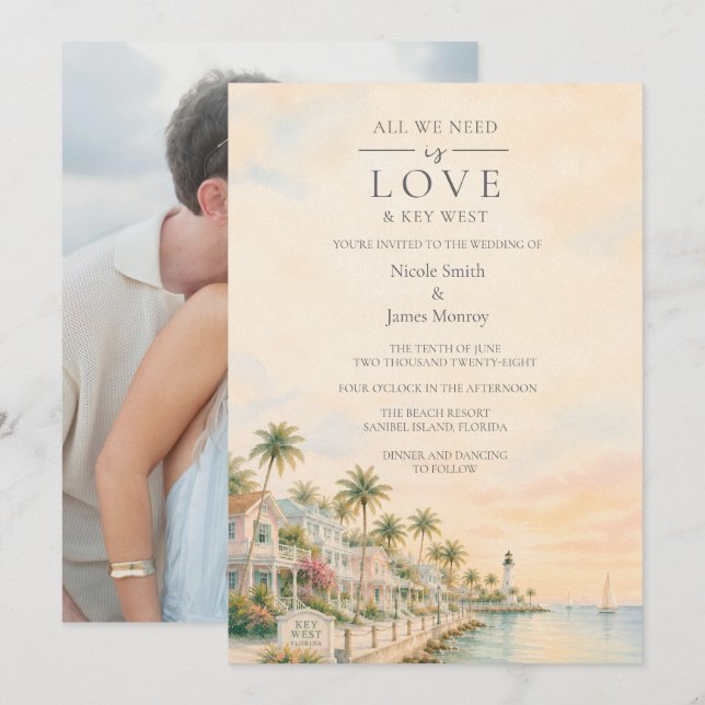 Convite Casamento de destino com foto em Key West e Amor  (Frente/Verso)