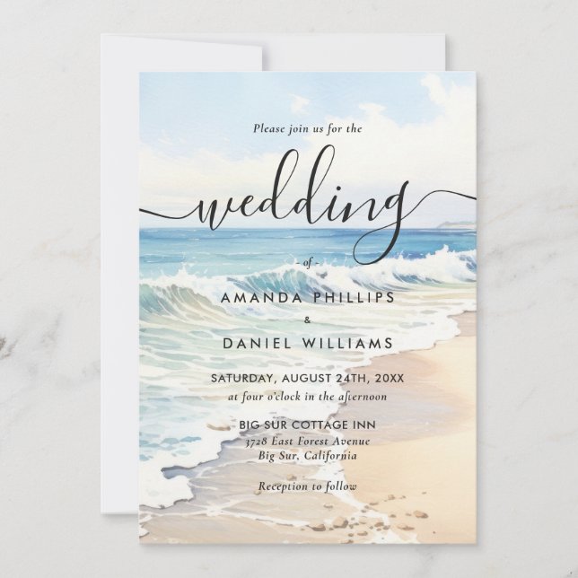 Convite Casamento de Destino com Ondas Rolantes em Aquarel (Frente)
