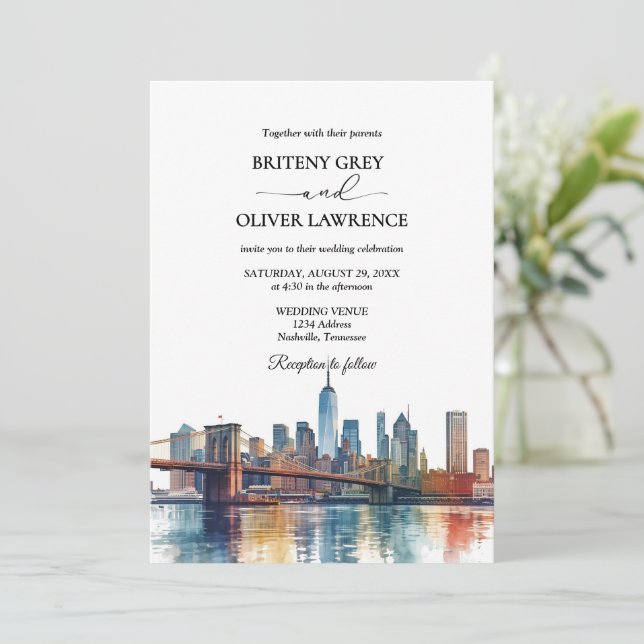 Convite Casamento de Destino com Paisagem de Nova York em  (Em pé/Frente)
