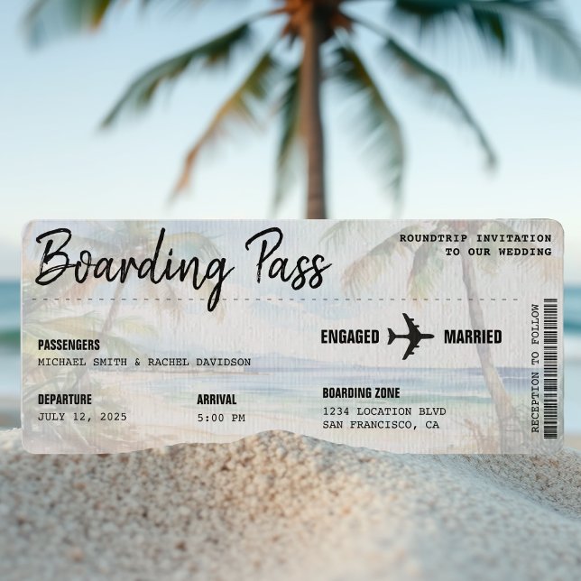 Convite Casamento de Destino da Palmeira de praia de embar (BOARDING PASS WEDDING INVITATION)