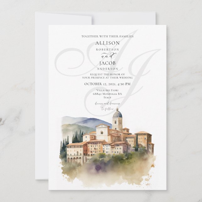 Convite Casamento de Destino da Toscânia Italiana Monogram (Frente)