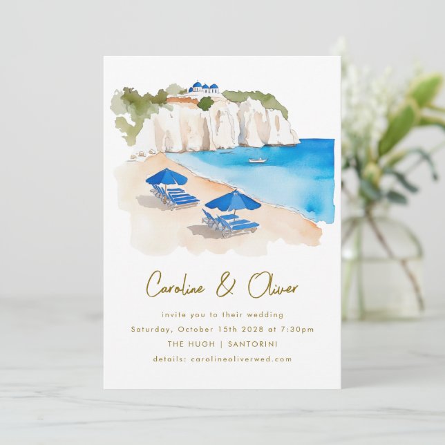 Convite Casamento de Destino de Aquarela Costeira de gréci (Em pé/Frente)