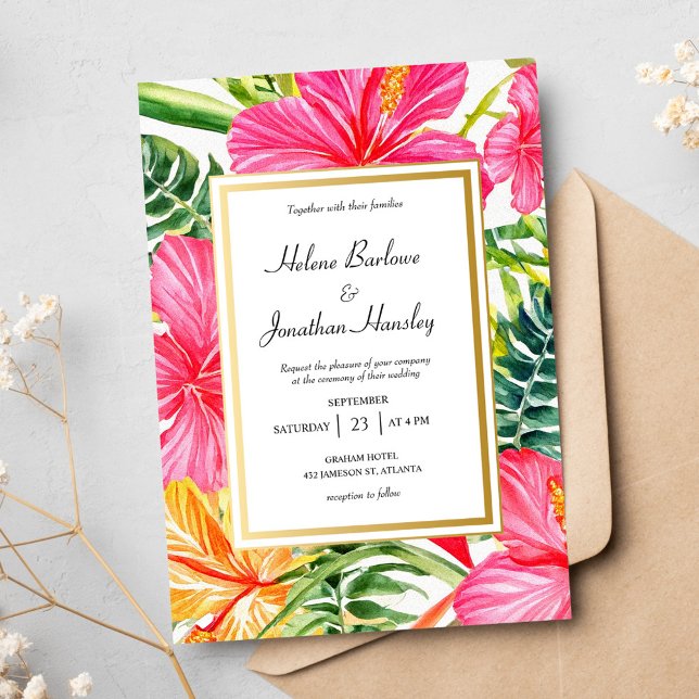 Convite Casamento de Destino de Hibiscus Flores Tropicais (Tropical Flowers Hibiscus Destination Wedding Invitation)