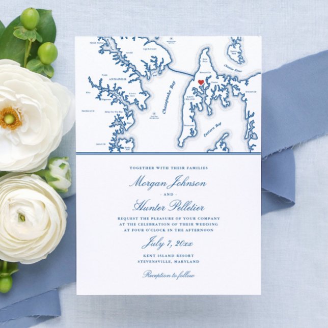 Convite Casamento de Destino de Mapa de Ilha de Kent Maryl (These Kent Island Maryland map wedding invitations are perfect for your destination wedding)
