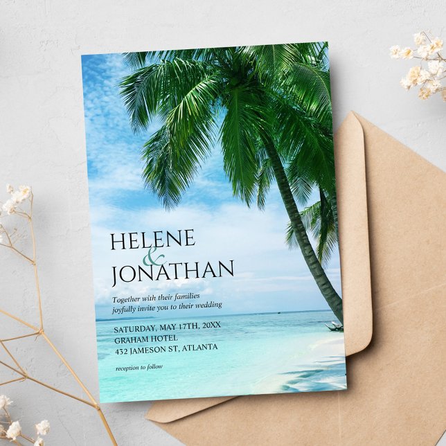 Convite Casamento de Destino de Oceano Tropical de Palm Tr (Palm Tree Beach Tropical Ocean Destination Wedding Invitation)