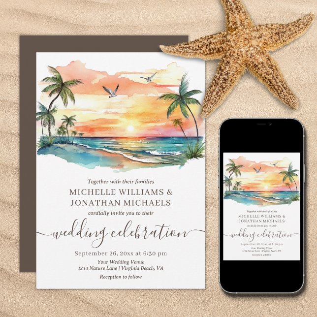 Convite Casamento de Destino de Palmeiras de Praia Tropica (Tropical Beach Palm Trees Destination Wedding Invitation - Printed and Digital)