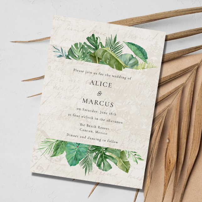 Convite Casamento de Destino de Praia com Papel de Folha T (Tropical Leaf Aged Paper Beach Destination Wedding Invitation)