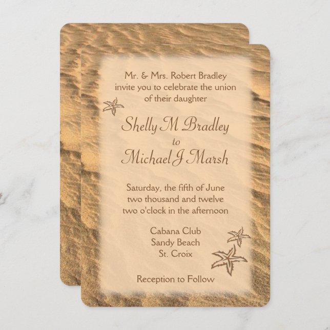 Convite Casamento de Destino de Praia de Starfish (Frente/Verso)