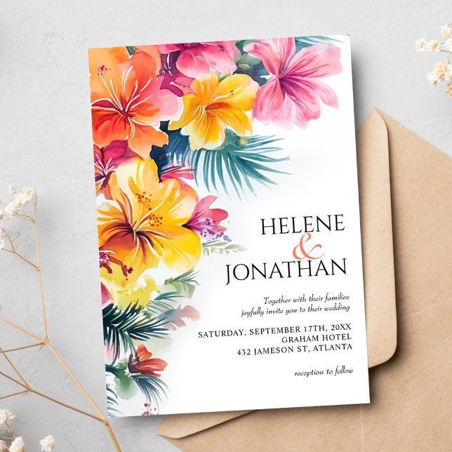Convite Casamento de Destino de Praia Tropical de Hibiscus (Tropical Hibiscus Ocean Beach Destination Wedding Invitation)
