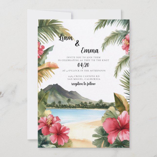 Convite Casamento de Destino de Praia Tropical Havaiana (Frente)