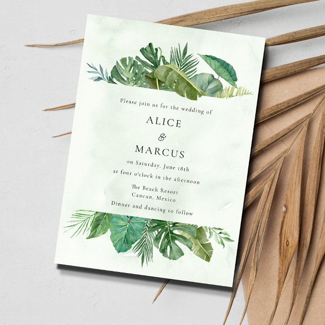 Convite Casamento de Destino de Praia Tropical Palm Leaf B (Tropical Palm Beach Wedding Invitation)