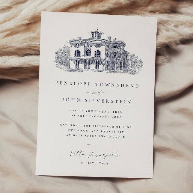 Convite Casamento de Destino de Villa Italiano Elegante (Elegant vintage illustration of an Italian villa on a wedding invitation)