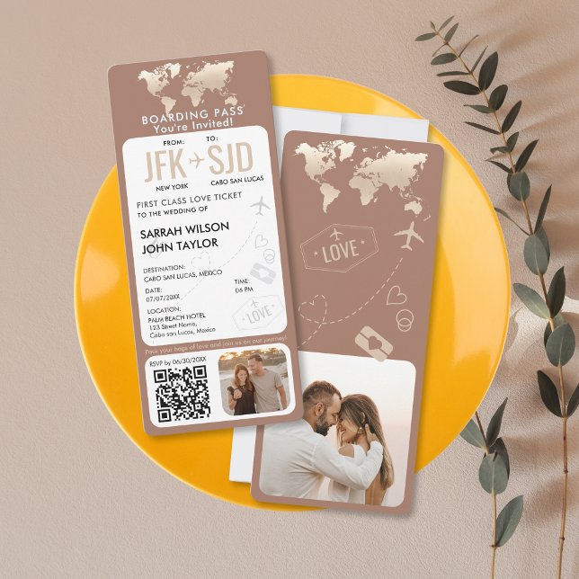 Convite Casamento de Destino do Bilhete de Passagem de Emb (modern mocha mousse boarding pass wedding invitation)