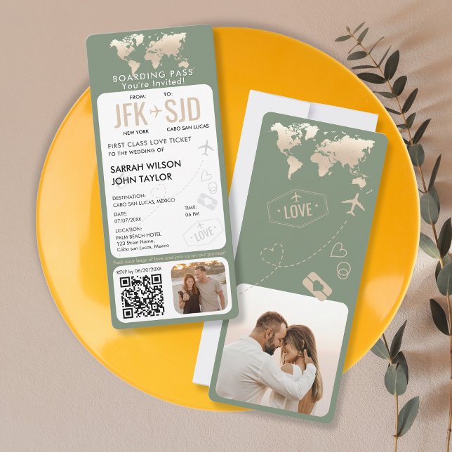 Convite Casamento de Destino do Bilhete de Passagem de Emb (sage green vertical boarding pass wedding invitation with golden world map)