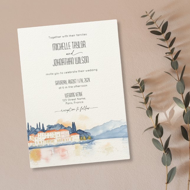 Convite Casamento de Destino do Lago Como Itália (watercolor lake como wedding invitations
)