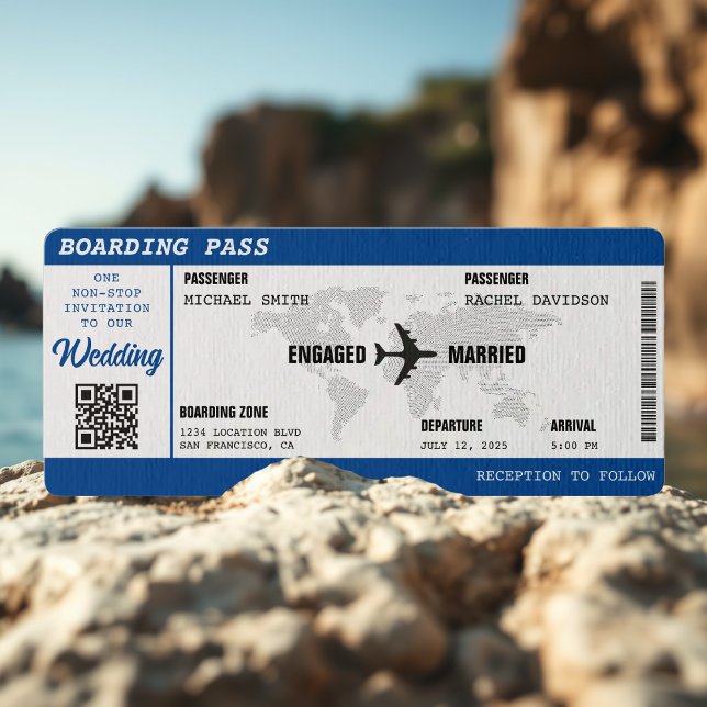 Convite Casamento de Destino do Mapa do Mundo Azul de Emba (Boarding Pass Blue World Map Destination Wedding Invitation
)