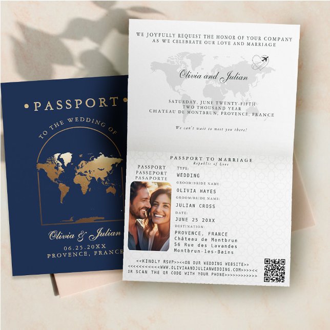 Convite Casamento de Destino do Marinho de Arco do Mapa do (passport wedding invitation card destination getaway navy blue faux gold map boho arch monograms fol)