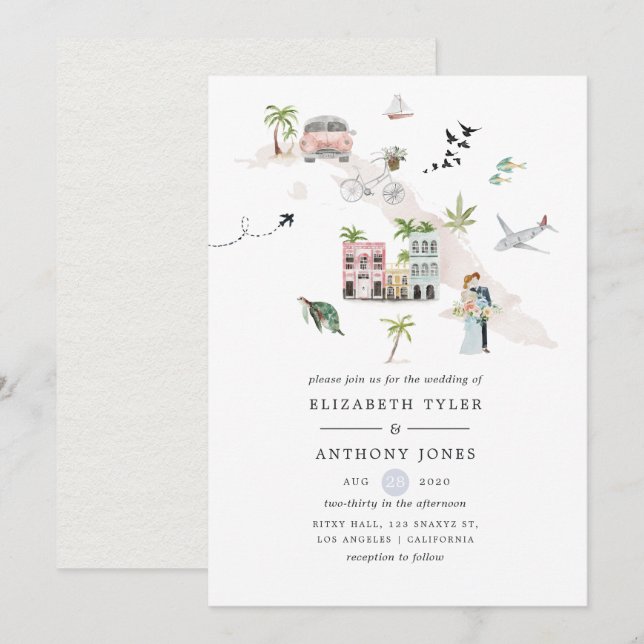 Convite Casamento de Destino em Cuba com Aquarela (Frente/Verso)