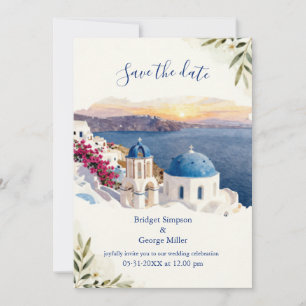 Convite Casamento de Destino em Santorini Azul Aquarela