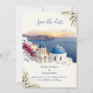 Convite Casamento de Destino em Santorini Azul Aquarela