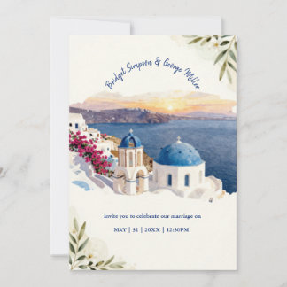 Convite Casamento de Destino em Santorini com Aquarela Azu