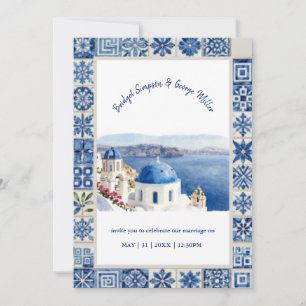 Convite Casamento de Destino em Santorini com Azulejos Azu