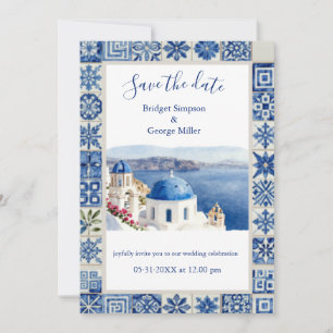 Convite Casamento de Destino em Santorini com Azulejos Azu