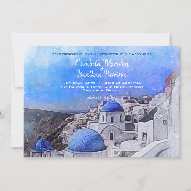 Convite Casamento de Destino em Santorini Grécia Aquarela (Frente)