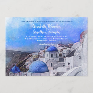 Convite Casamento de Destino em Santorini Grécia Aquarela