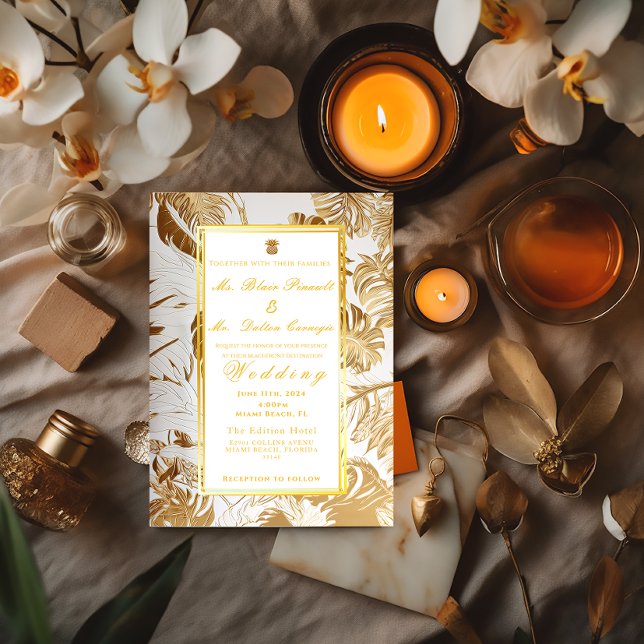 Convite Casamento de Destino Formal Monstera Dourada Gilde (Formal Elegant Gilded Gold Destination Wedding Tropical Invitation)