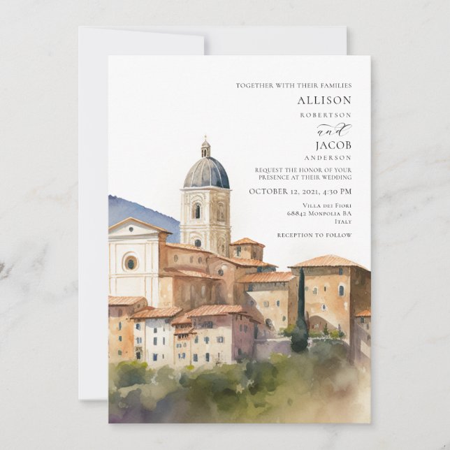 Convite Casamento de Destino Italiano de Aquarela (Frente)