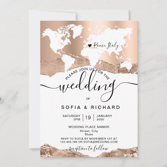 Convite Casamento de Destino Mapa Mundial Rose Gold (Frente)