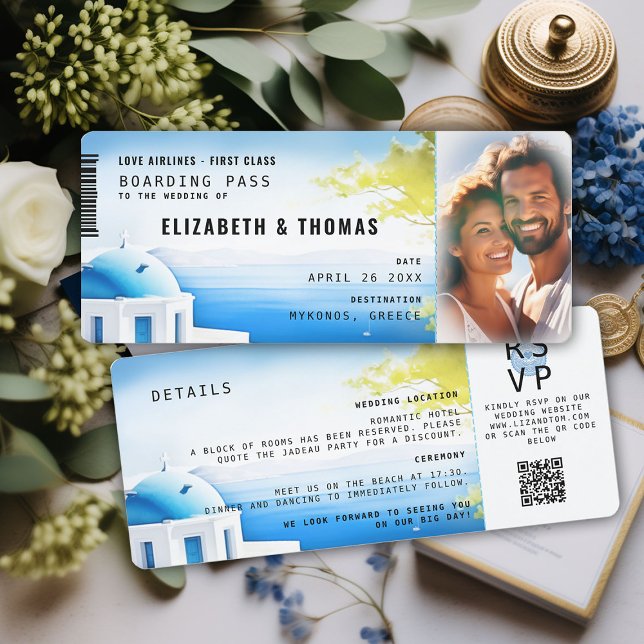 Convite Casamento de Destino Moderno de Grécia de Embarque (destination wedding invitation boarding pass greek islands sea sky watercolor modern trendy photo)