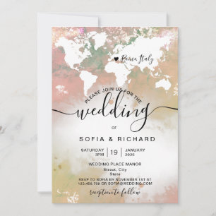 Convite Casamento de Destino Moderno Mapa Mundial Aquarela