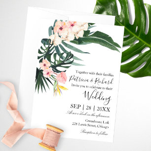 Convite Casamento de Destino na Praia com Folhas de Palmei