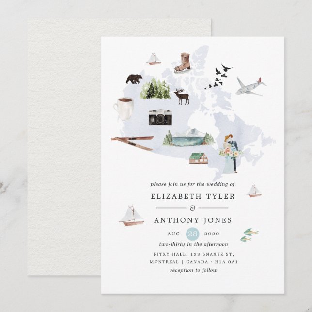 Convite Casamento de Destino no Canadá com Aquarela (Frente/Verso)