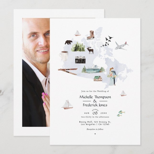 Convite Casamento de Destino no Canadá com Aquarela (Frente/Verso)