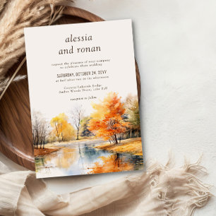 Convite Casamento de Destino no Lago Outonal com Aquarela