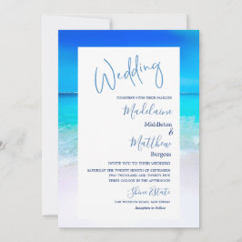 Convite Casamento de Destino Oceano de Praia Blue Modern